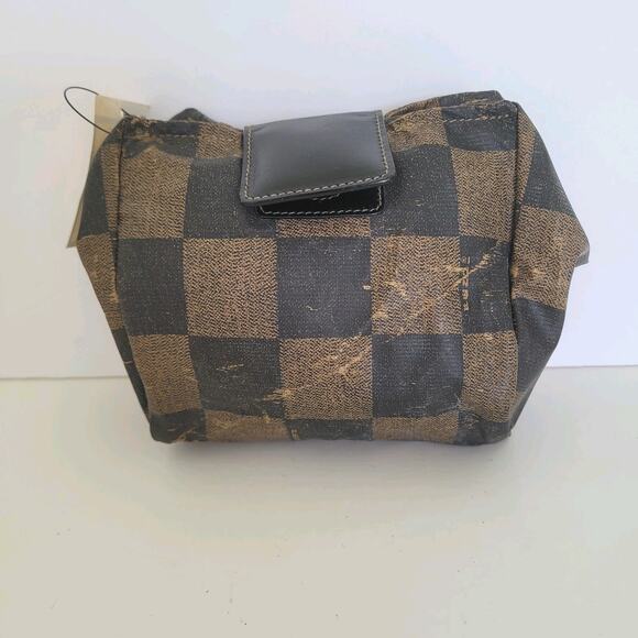 Fendi Plaid Nylon Small Bag Pouch Vintage Handbag Zip Italian Brown Logo - Picture 1 of 10